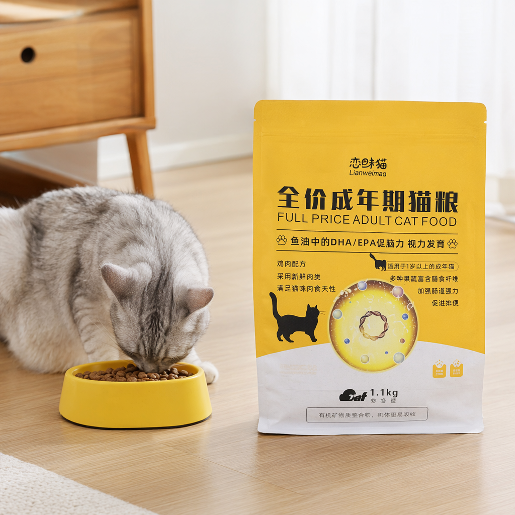 黄色包装袋猫粮天然无谷成猫专用干粮产品图