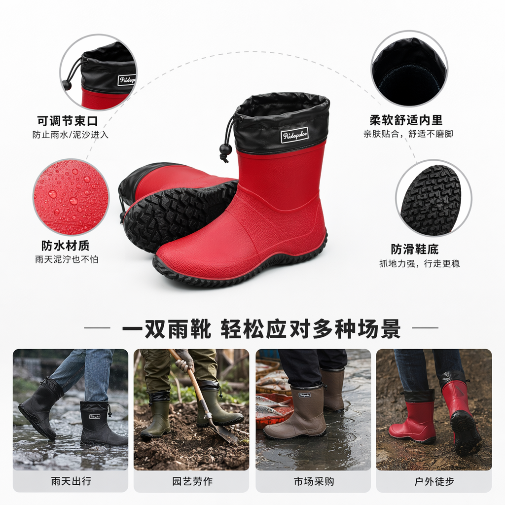 女款雨靴防滑防水田园风中筒靴