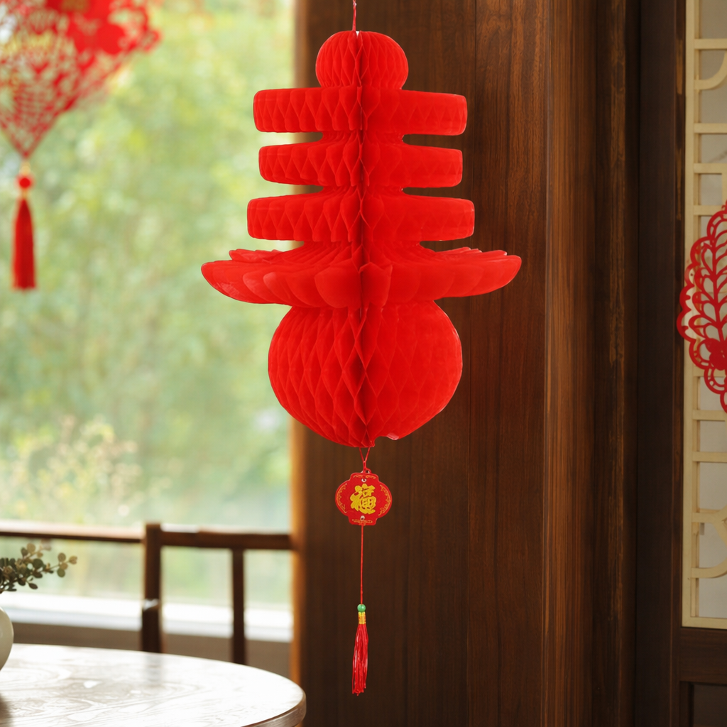 Red honeycomb paper lanterns are festive decorations for home use details Picture