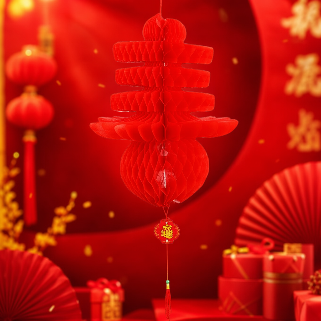 Red honeycomb paper lanterns are festive decorations for home use Specification image