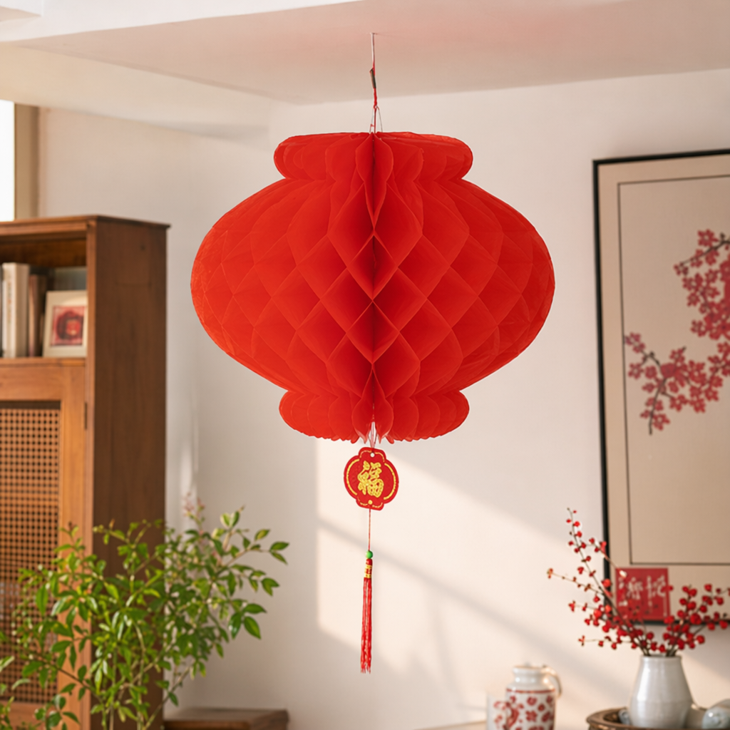 Red honeycomb lanterns are hung on ink-wash branches against a backdrop of ink-wash landscape paintings details Picture