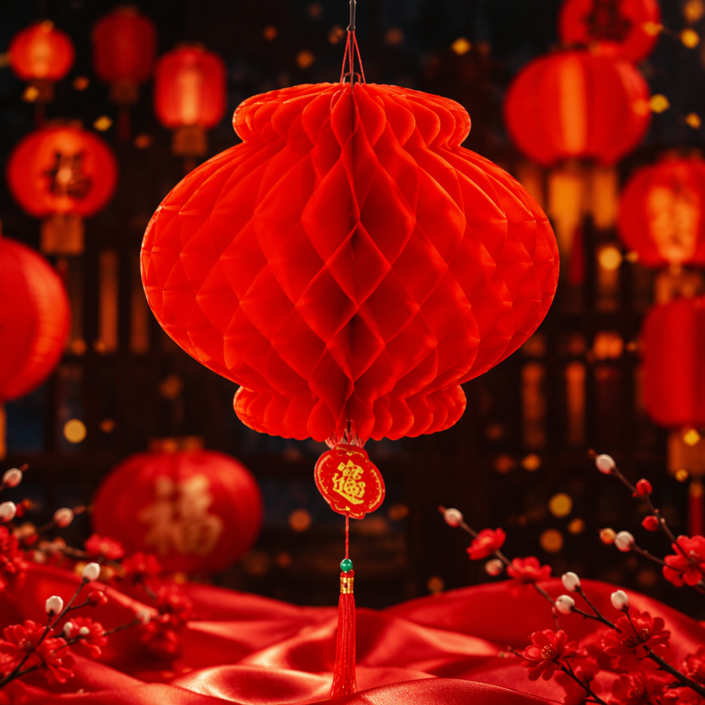 Red honeycomb lanterns are hung on ink-wash branches against a backdrop of ink-wash landscape paintings Specification image