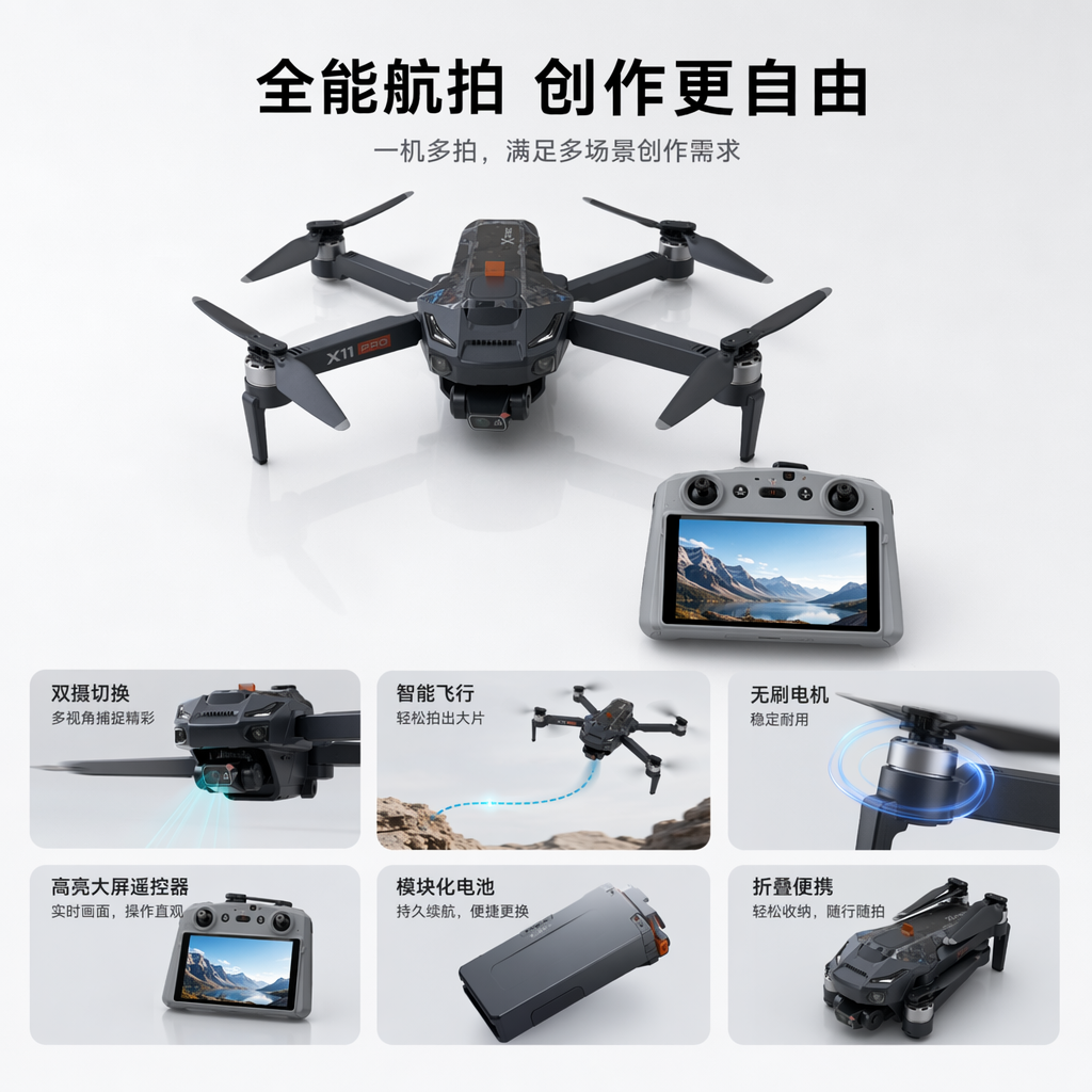 The black drone X11 PRO, equipped with a grey remote control, offers portable high-definition aerial photography and stable flight