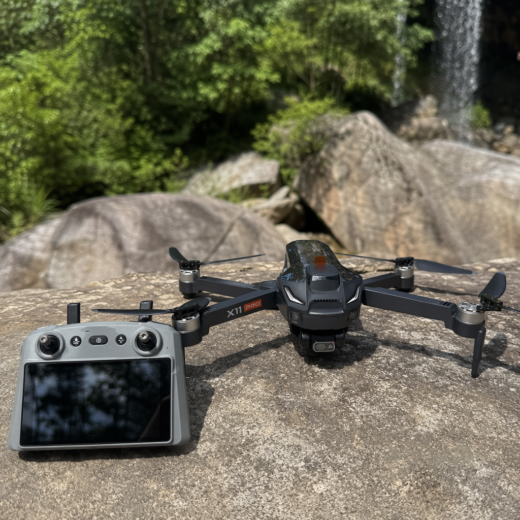 The black drone X11 PRO, equipped with a grey remote control, offers portable high-definition aerial photography and stable flight details Picture