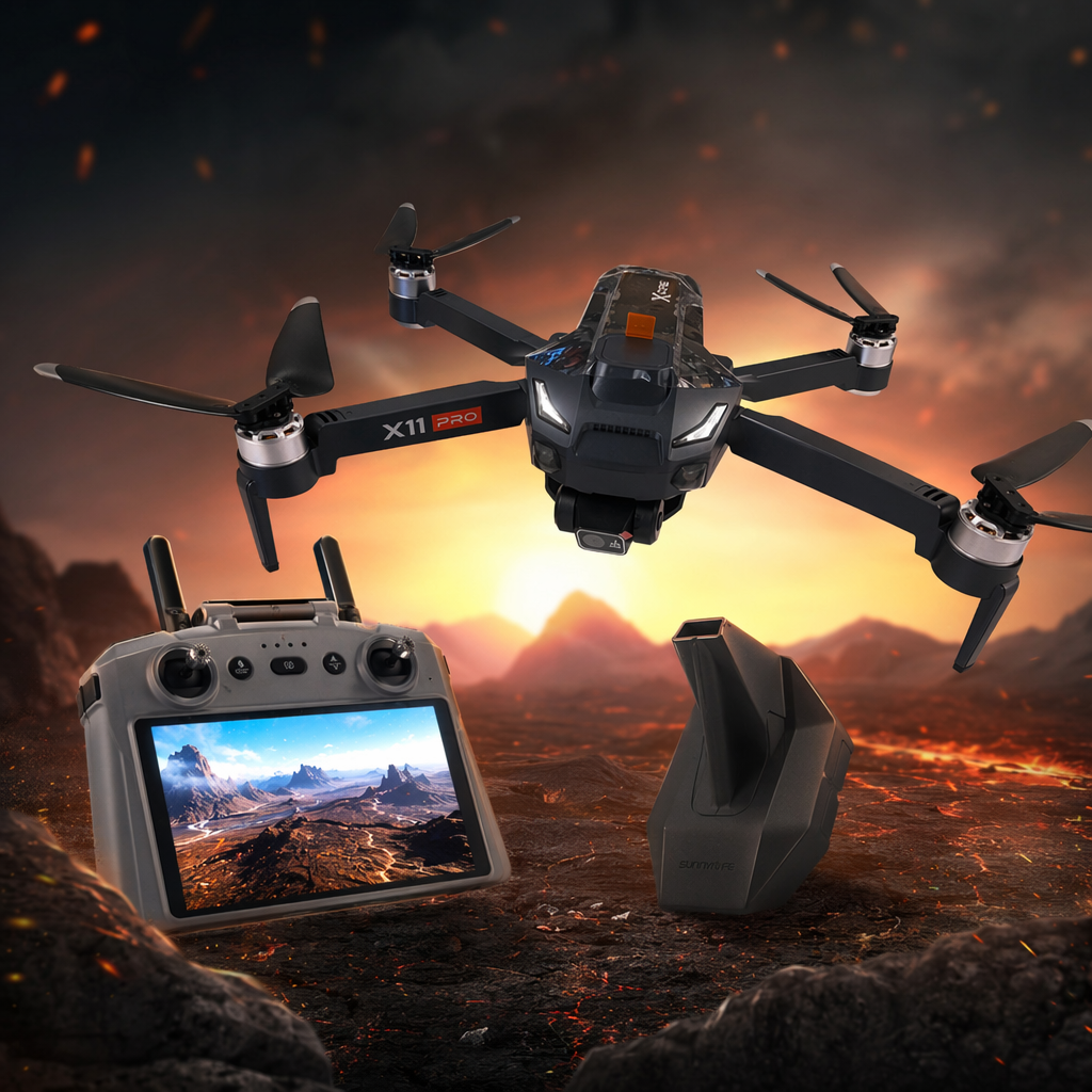 The black drone X11 PRO, equipped with a grey remote control, offers portable high-definition aerial photography and stable flight Specification image