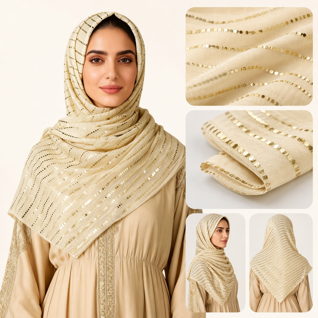 A beige sequined headscarf paired with a beige embroidered long robe women's suit
