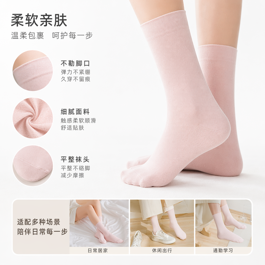 粉色纯棉袜子 女款中筒袜 柔软透气吸汗舒适日常百搭