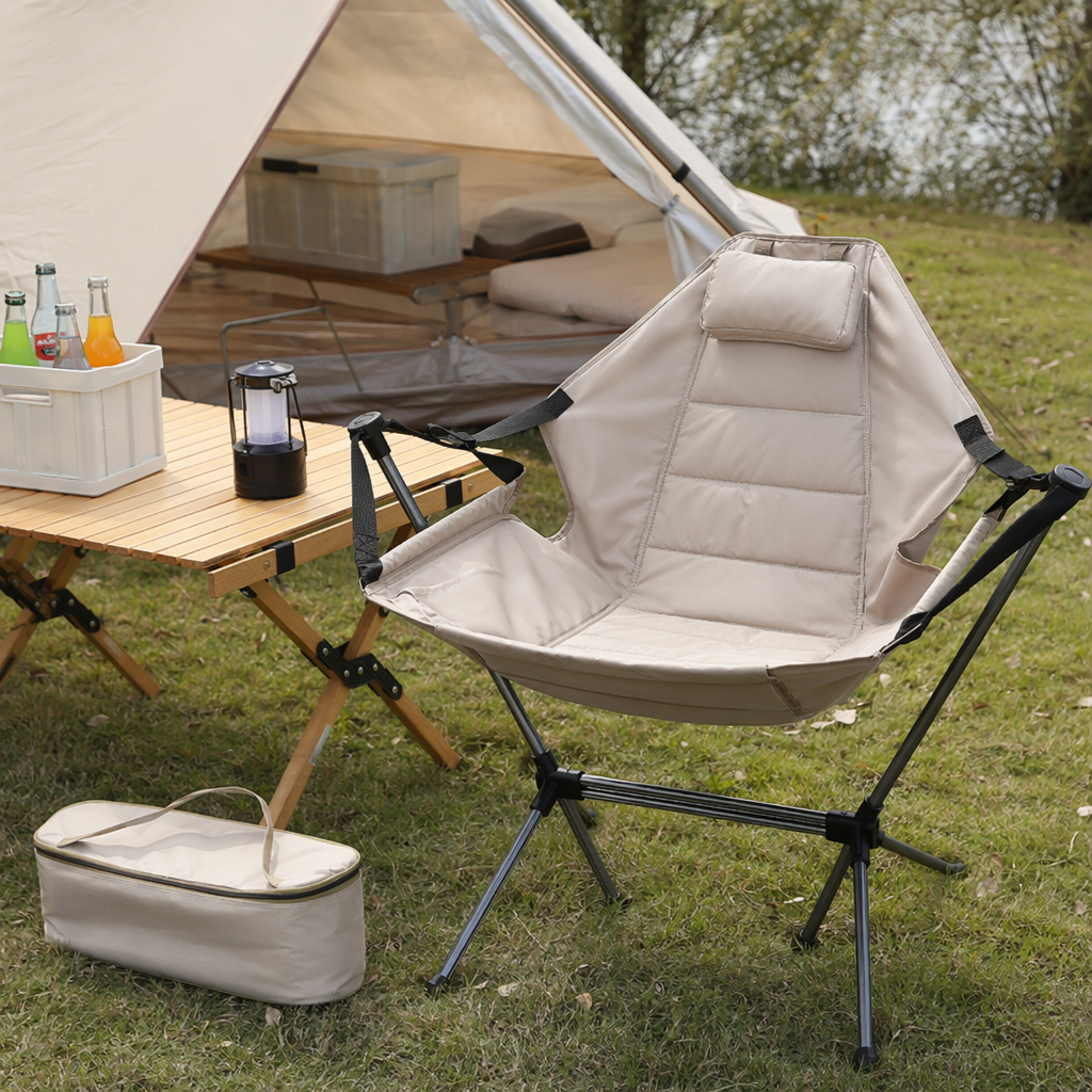 Sandstone-colored outdoor portable folding rocking chair, lightweight and load-bearing, comfortable for home balcony camping details Picture
