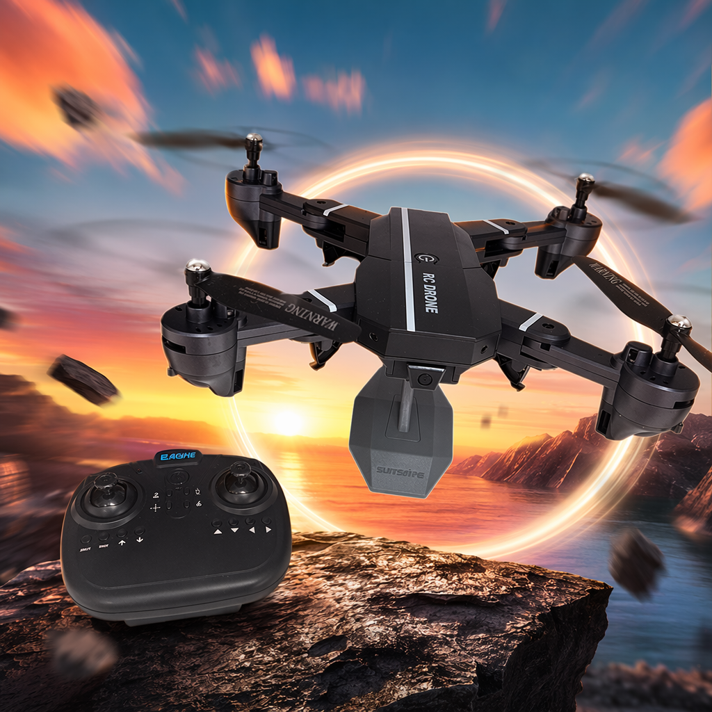 The lightweight carbon fiber body of the black drone and remote control provides a 30-minute battery life for outdoor aerial photography Specification image