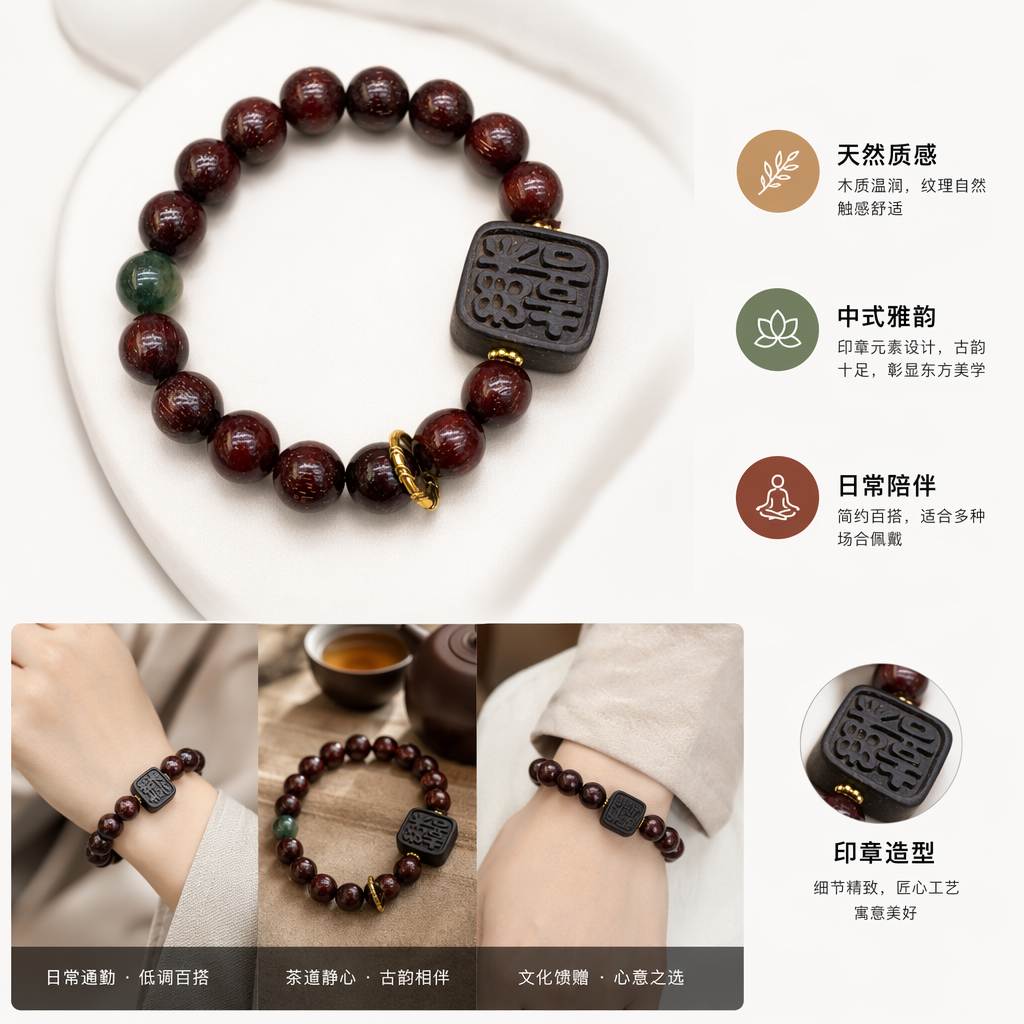 A deep red beaded bracelet with a black engraved "Fu" character plaque and a small golden ring