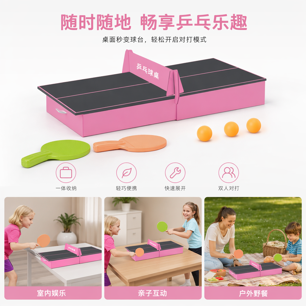 粉色折叠式乒乓球桌 家用便携可收纳室内运动器材