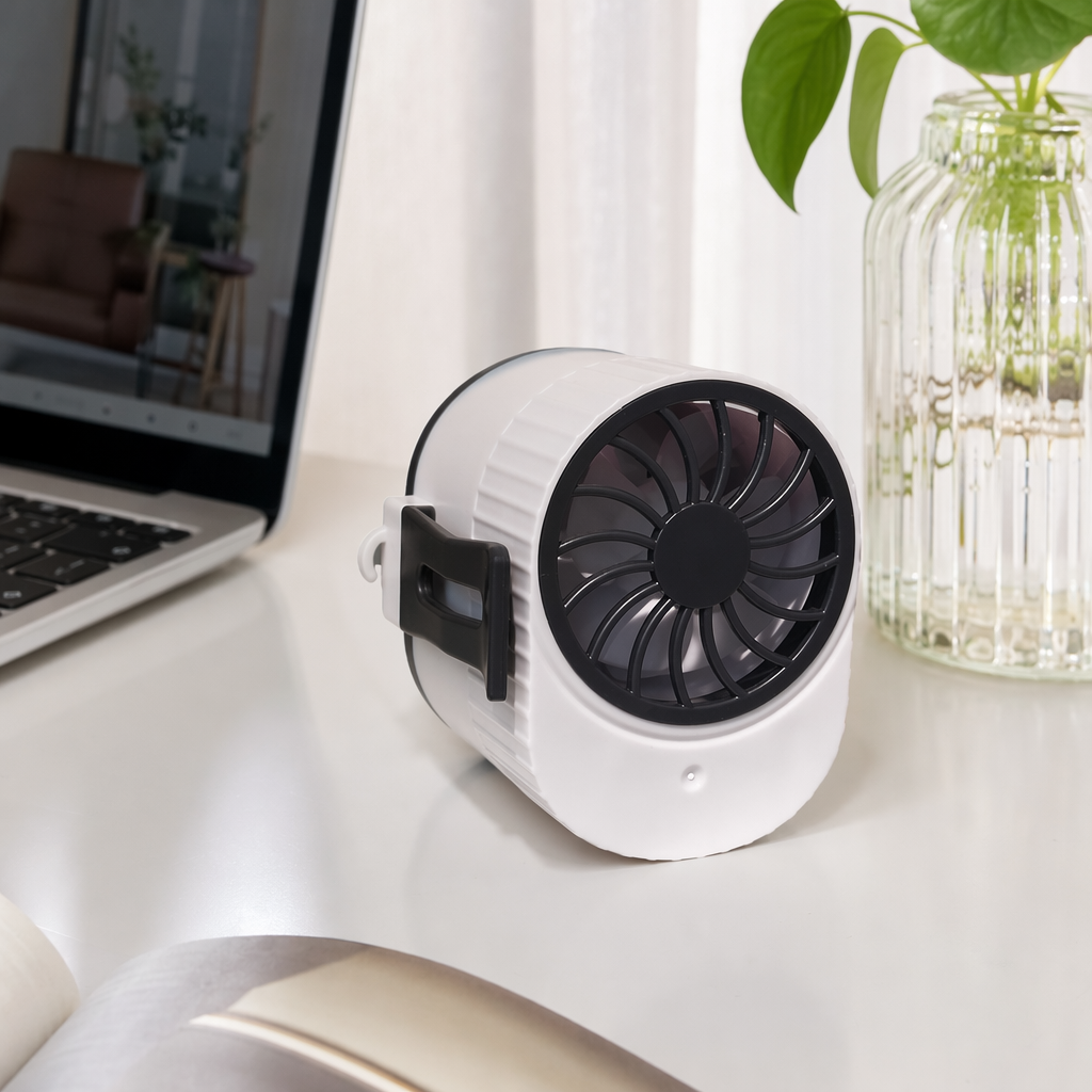 The white waist-mounted mini fan is portable with USB charging and adjustable wind speed details Picture