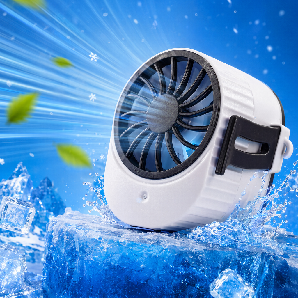The white waist-mounted mini fan is portable with USB charging and adjustable wind speed Specification image