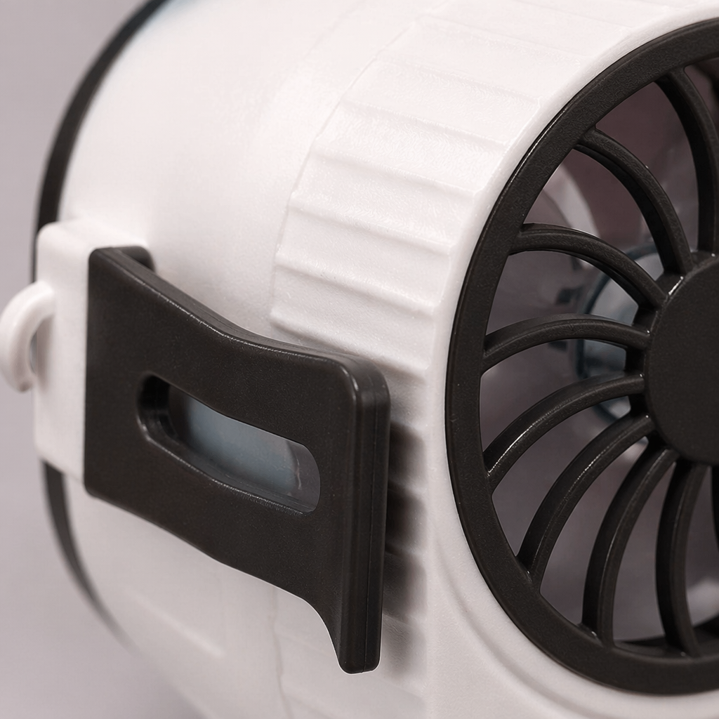 The white waist-mounted mini fan is portable with USB charging and adjustable wind speed Application Scenario