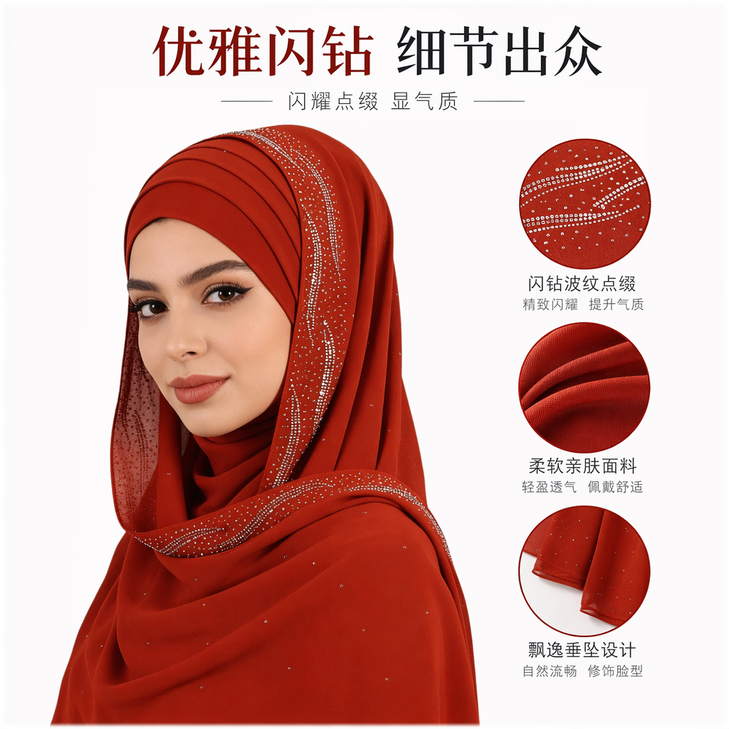 The red diamond-encrusted headscarf is a fashionable and versatile accessory for ladies to wear