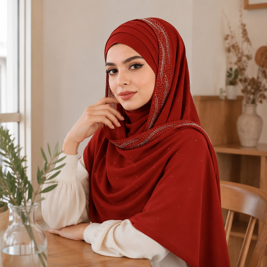 The red diamond-encrusted headscarf is a fashionable and versatile accessory for ladies to wear details Picture