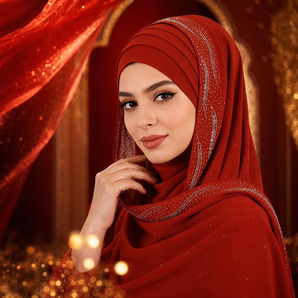 The red diamond-encrusted headscarf is a fashionable and versatile accessory for ladies to wear Specification image