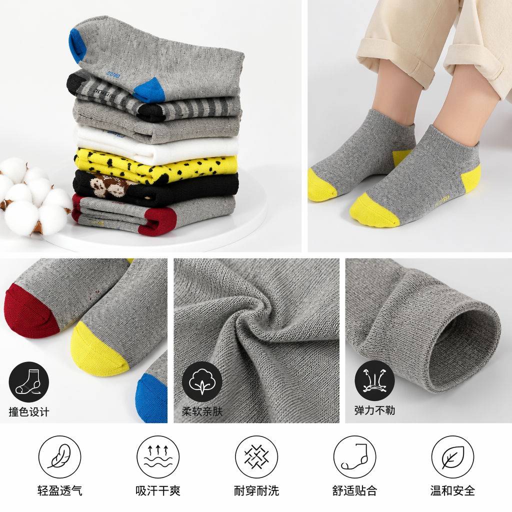 Children's grey, colorful, striped polka dot cartoon bear pattern white socks