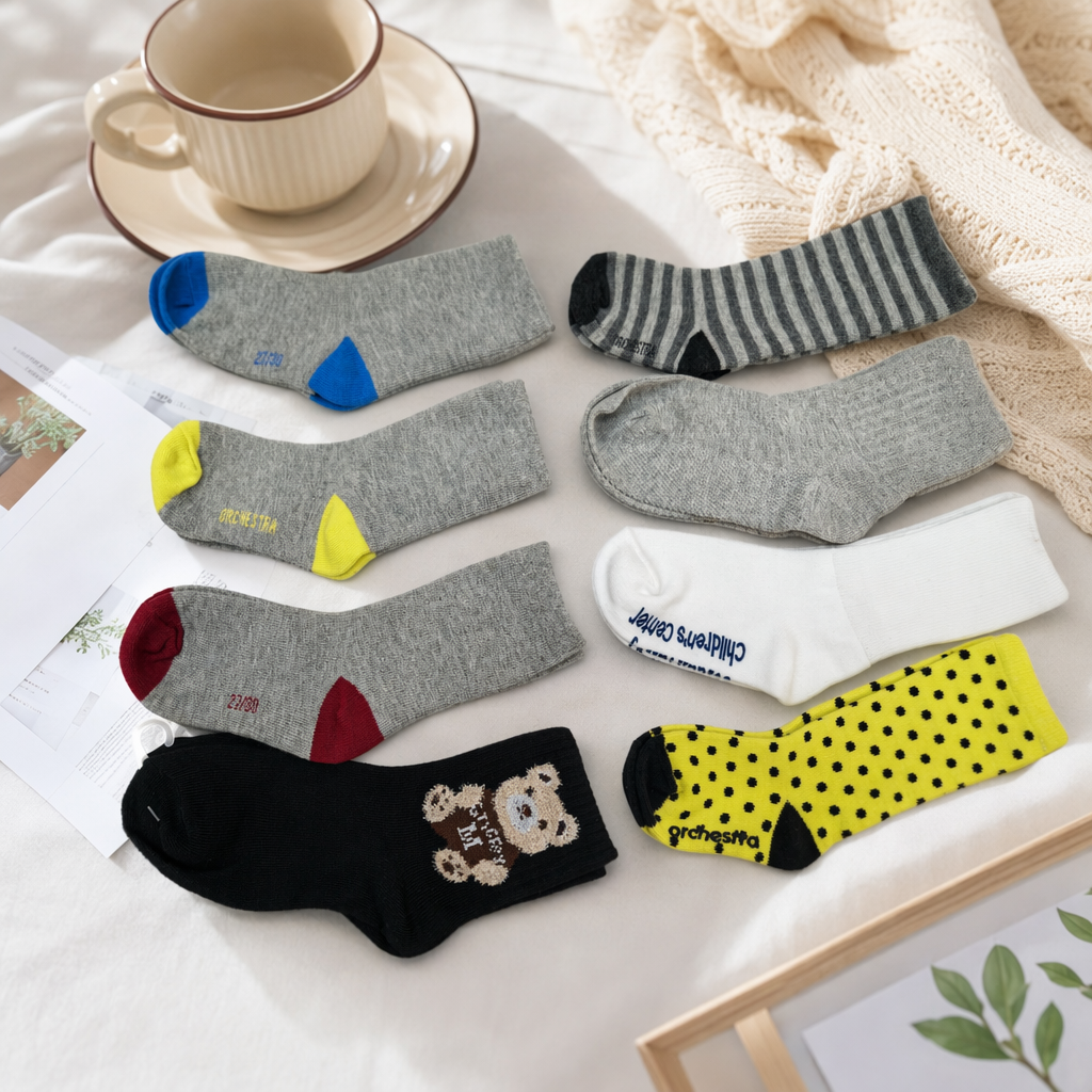 Children's grey, colorful, striped polka dot cartoon bear pattern white socks details Picture