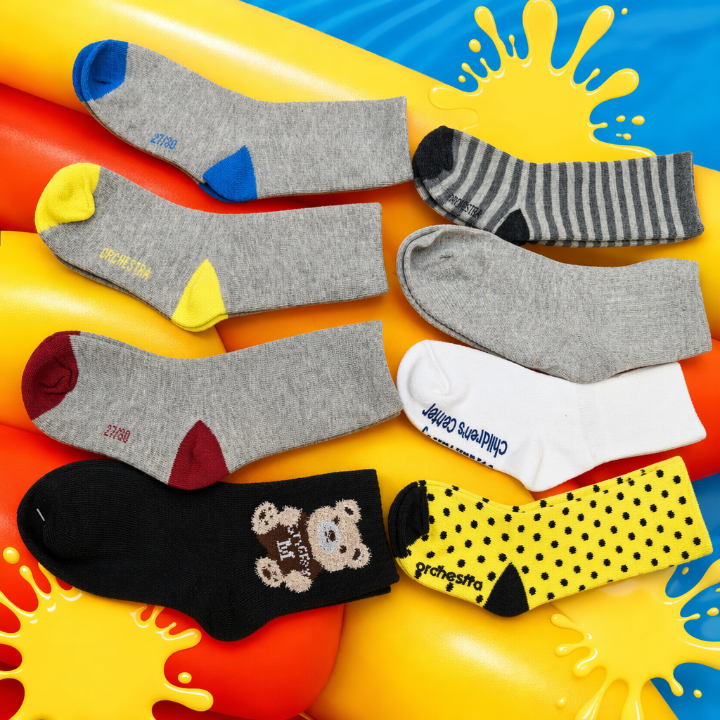 Children's grey, colorful, striped polka dot cartoon bear pattern white socks Specification image