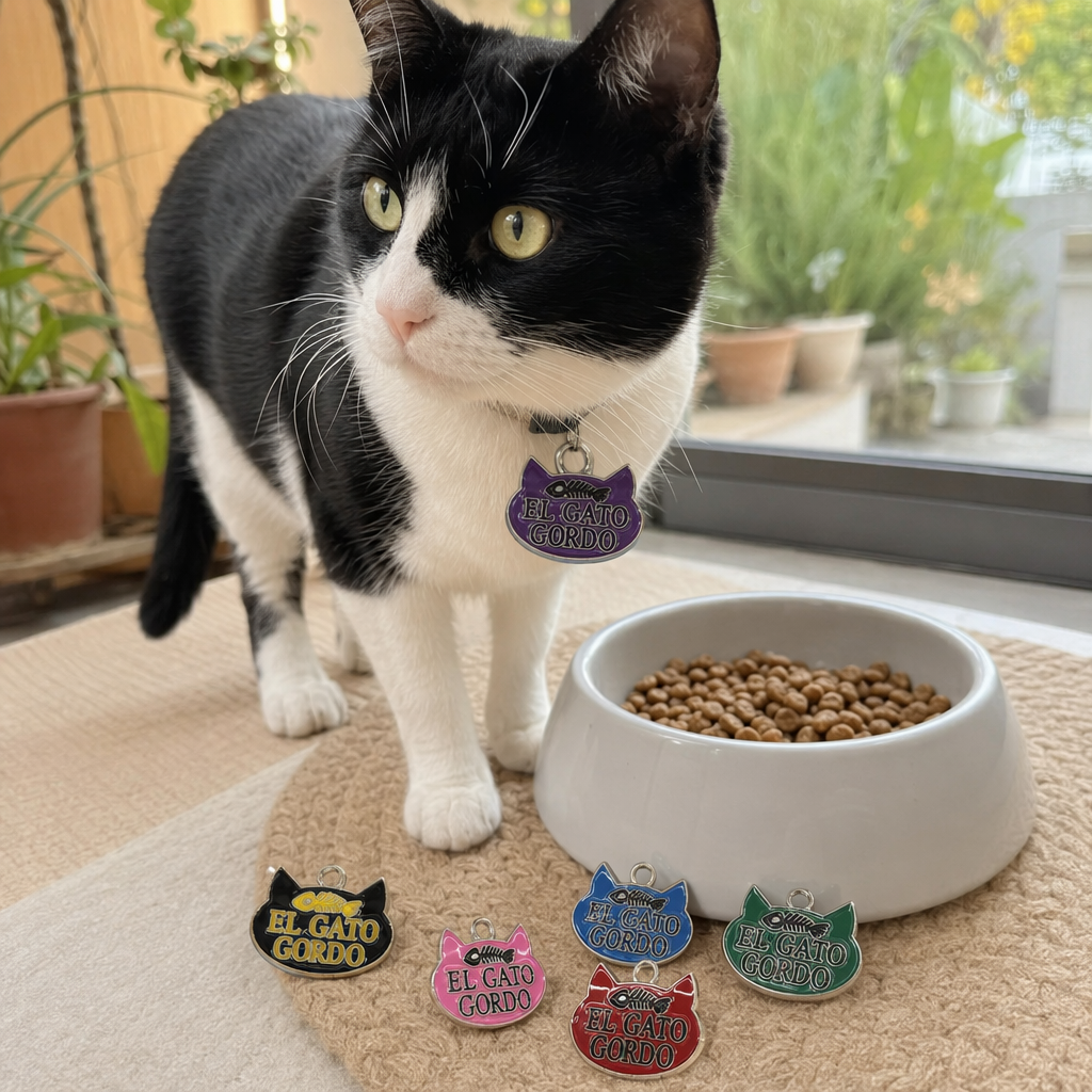 彩色猫形金属吊牌六色套装蓝黑紫绿红粉EL GATO GORDO鱼骨纹银边挂环 details Picture