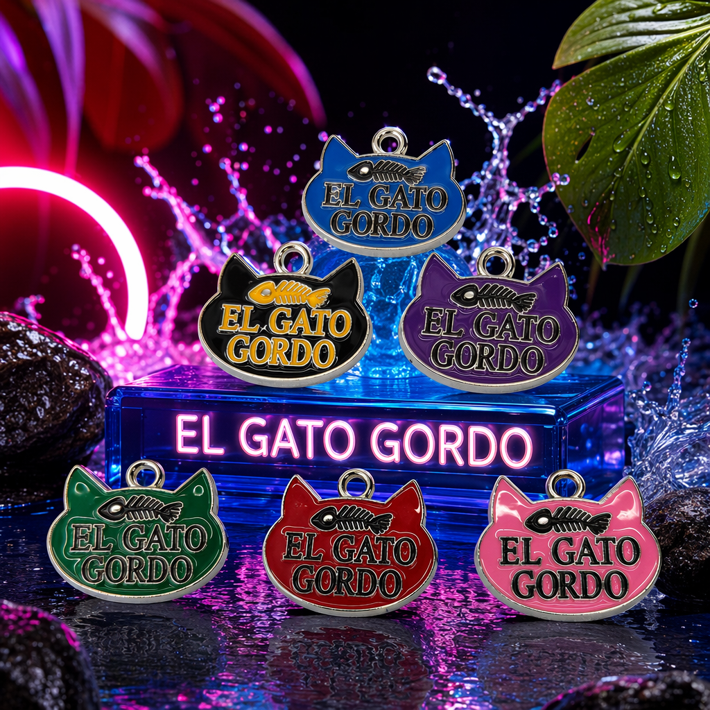 彩色猫形金属吊牌六色套装蓝黑紫绿红粉EL GATO GORDO鱼骨纹银边挂环 Specification image