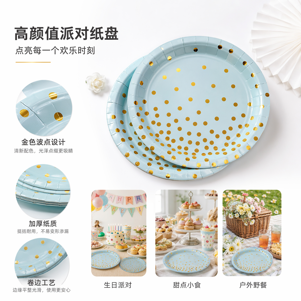 浅绿色带金色圆点一次性纸盘 宴会派对装饰用