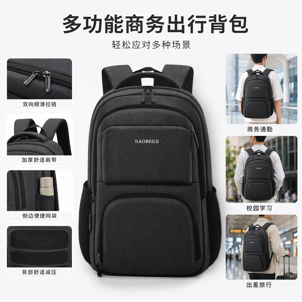 灰色双肩包简约学生通勤轻便大容量防水耐磨