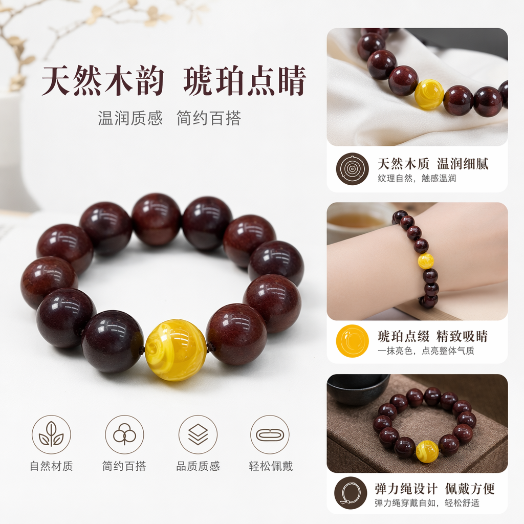 The deep red beaded bracelet is decorated with yellow agate beads in the center