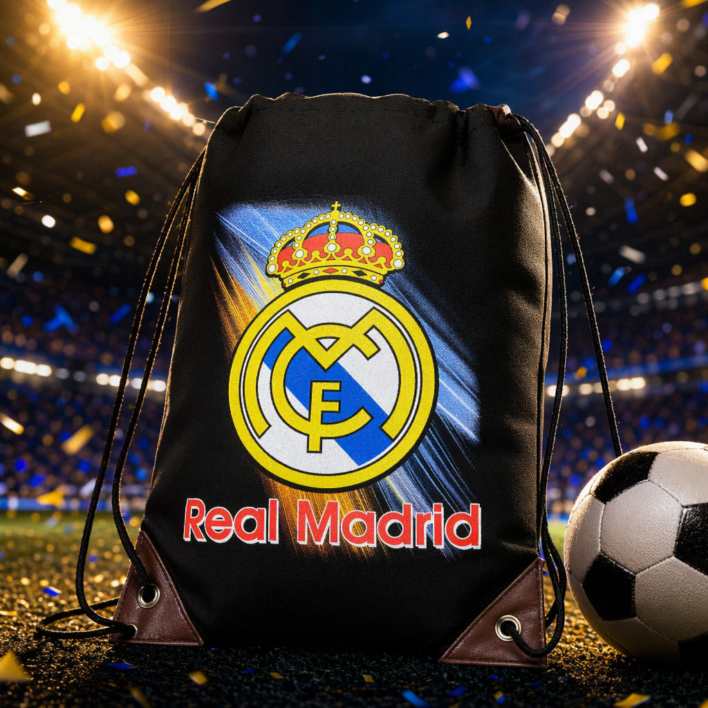 شعار فريق ريال مدريد الأسود الذي يحمل حقائب اليد، وكلمة "ريال مدريد" Specification image