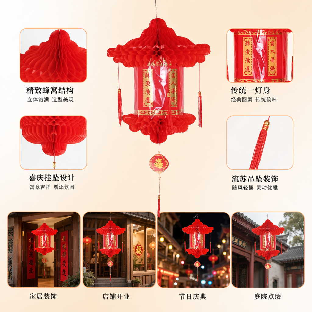 红色灯笼悬挂在枯枝上 水墨山水画背景 如建工艺红色印章