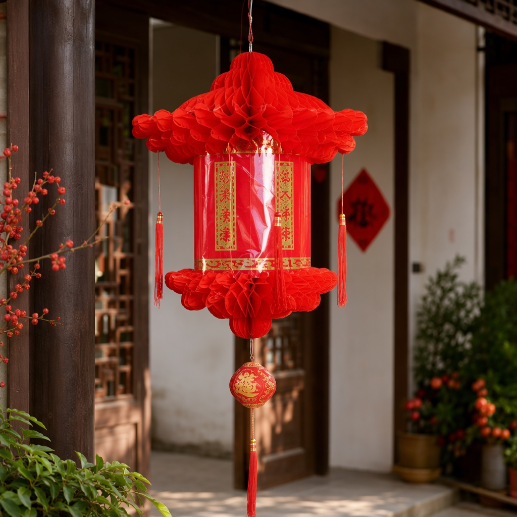 Red lanterns are hung on the withered branches, and the background of ink-wash landscape paintings looks like a red seal of craftsmanship details Picture