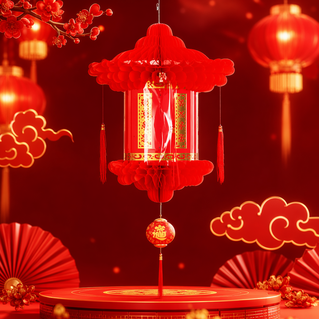 Red lanterns are hung on the withered branches, and the background of ink-wash landscape paintings looks like a red seal of craftsmanship Specification image