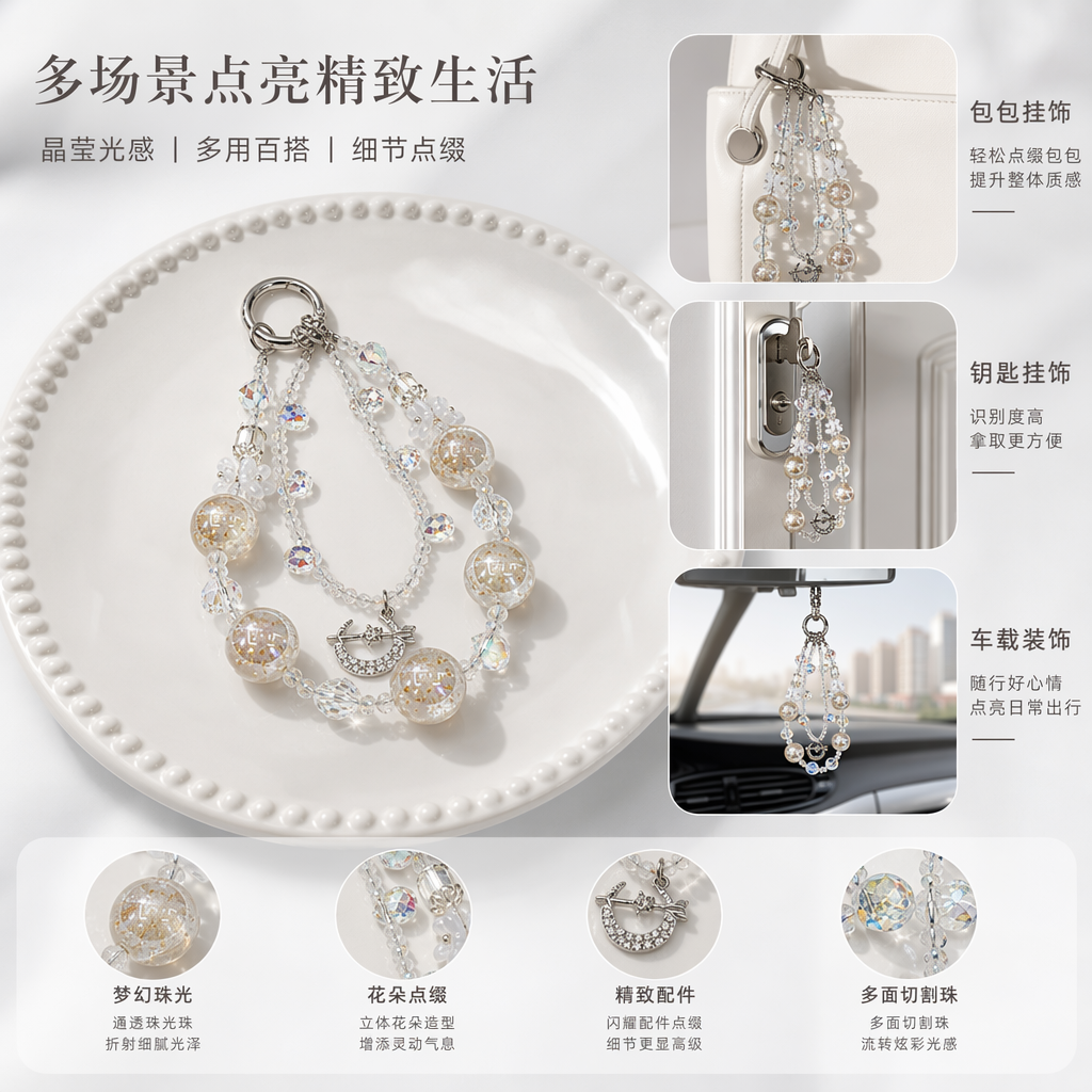 白色盘子水晶串饰钥匙扣