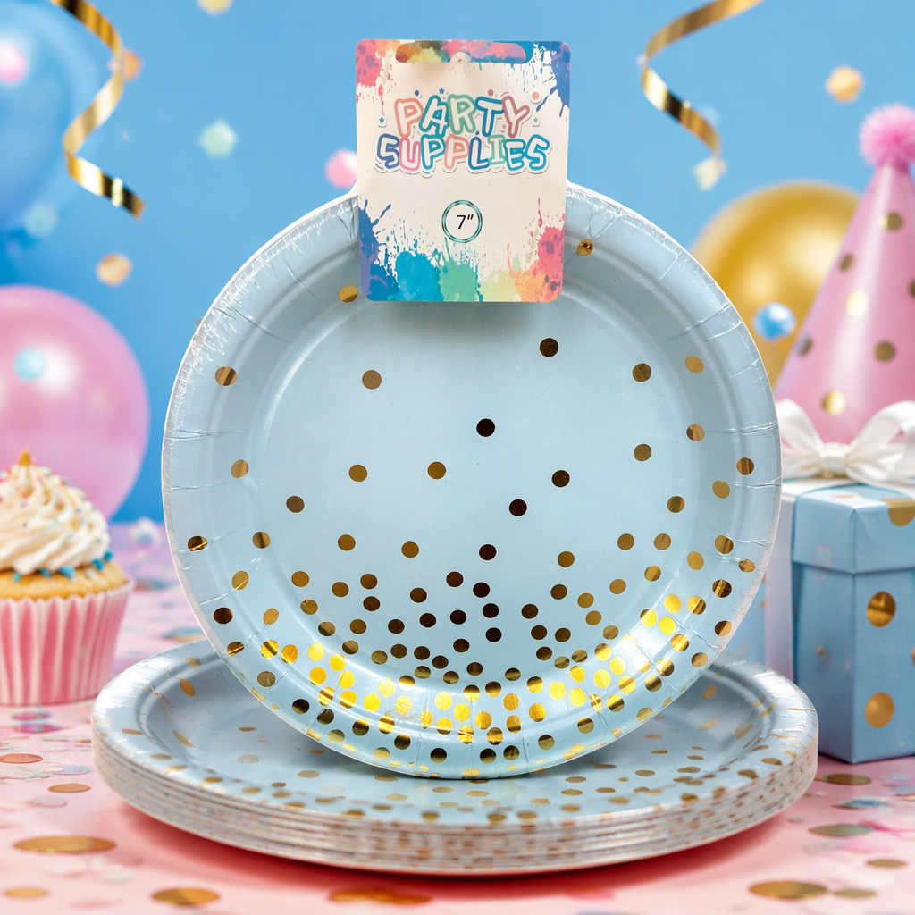 A disposable paper plate in light blue with golden dots for banquet and party decoration Specification image