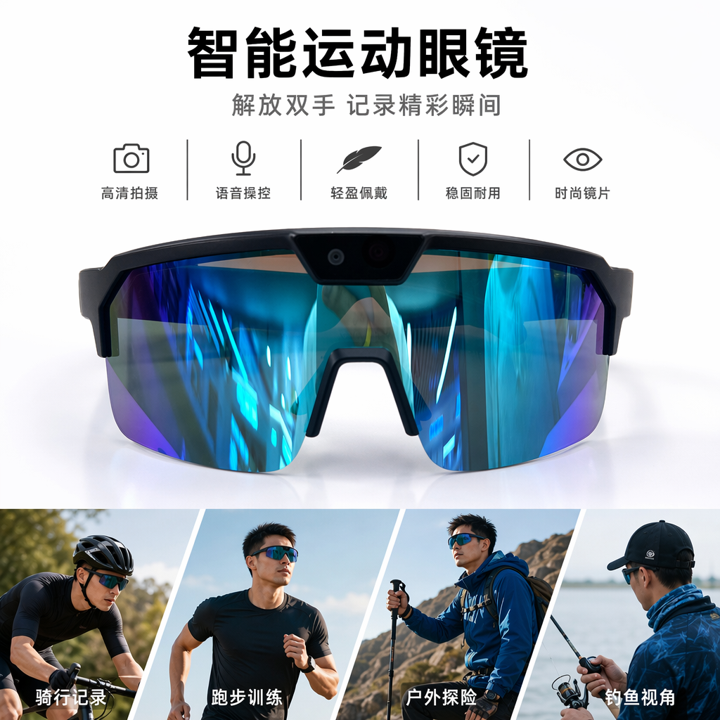 黑色镜框蓝色反光镜片智能眼镜