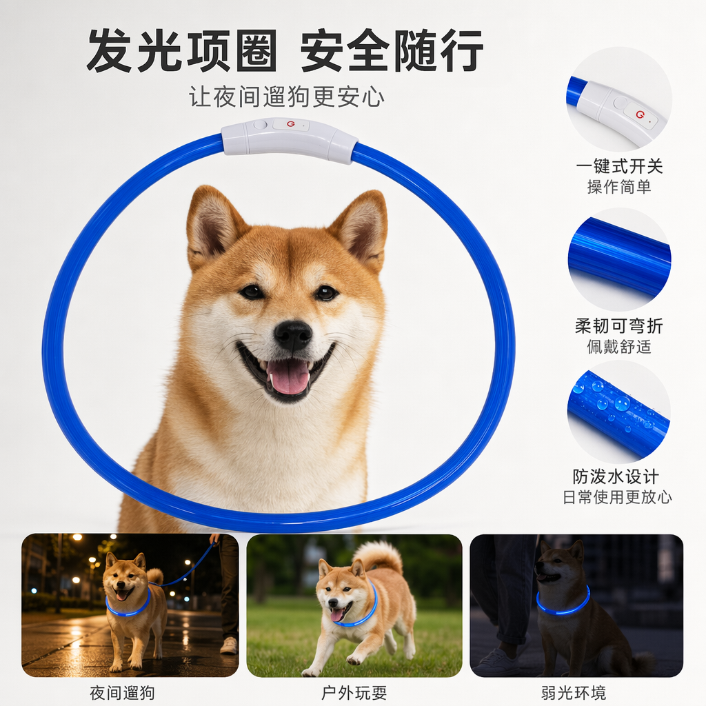 Blue luminous pet collar, luminous safety reflective, adjustable for dogs and cats