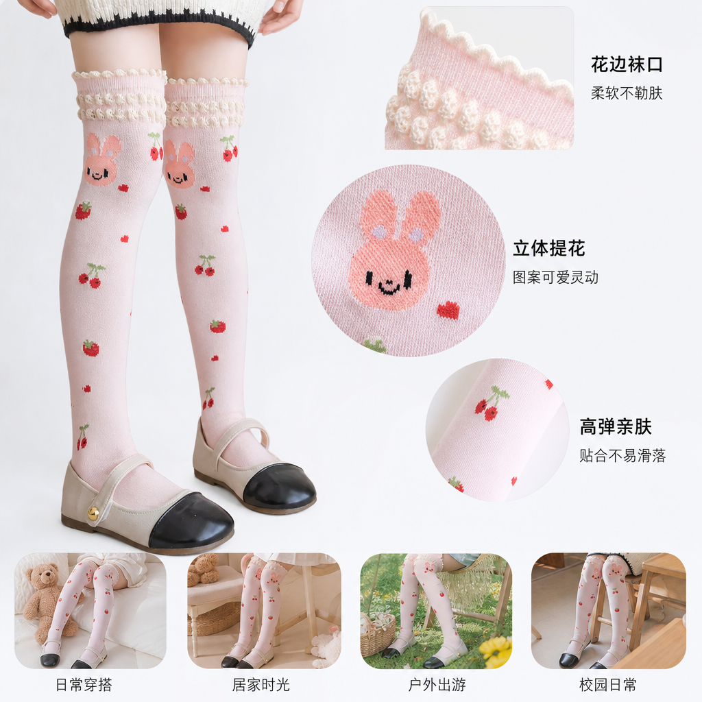 粉色草莓兔子图案儿童高筒袜 腿部舒适保暖