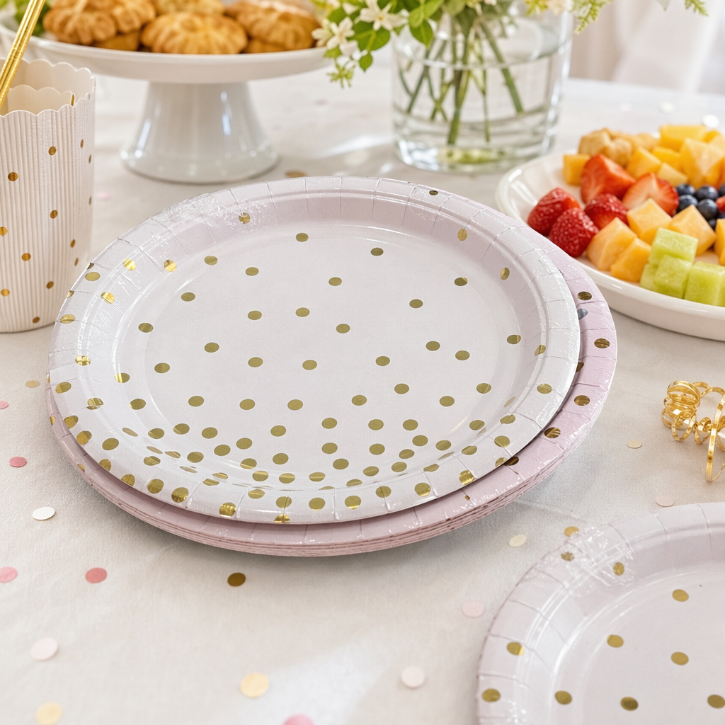 Pink gold dot decorated paper plate, disposable dinner plate for banquets and parties, 20cm round details Picture