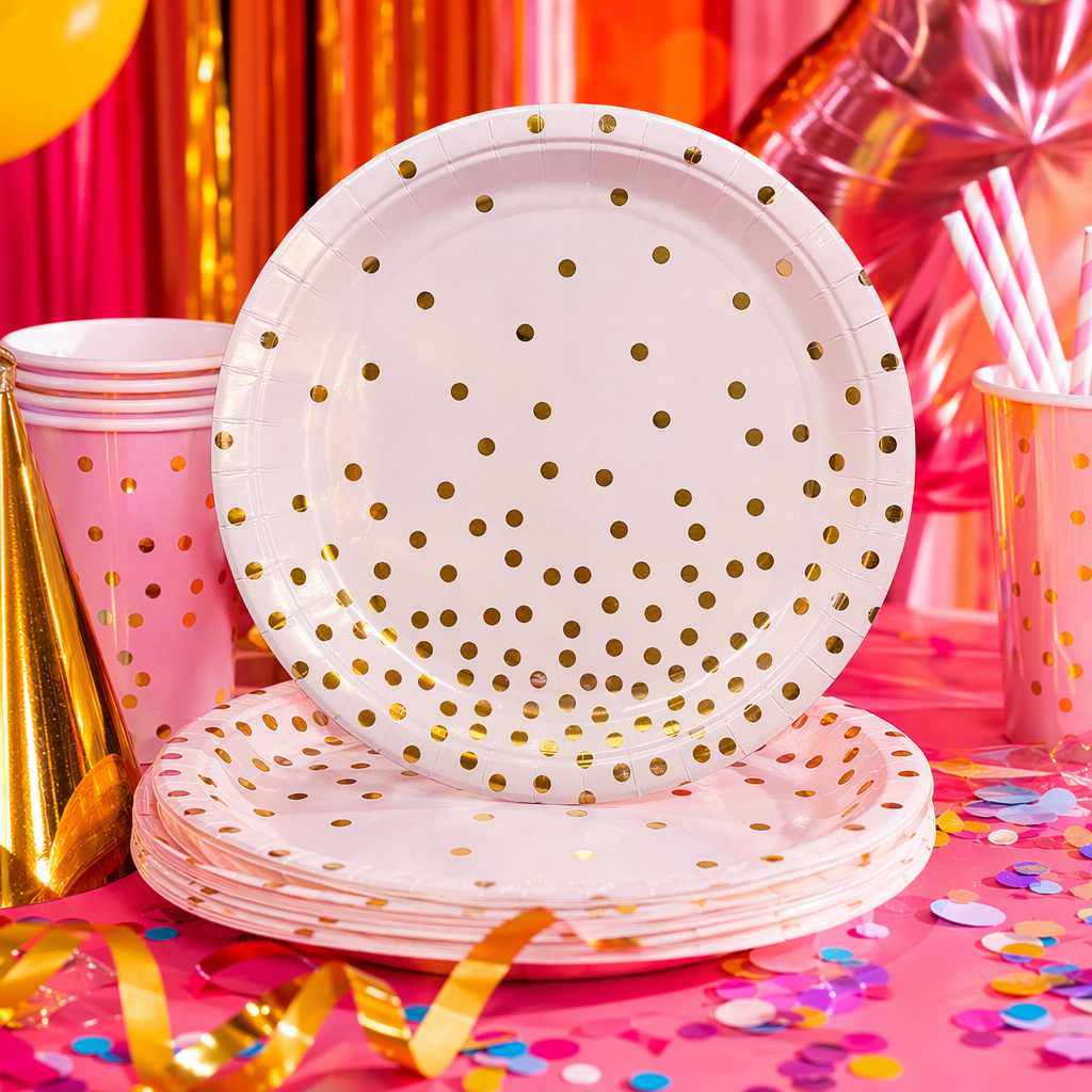 Pink gold dot decorated paper plate, disposable dinner plate for banquets and parties, 20cm round Specification image