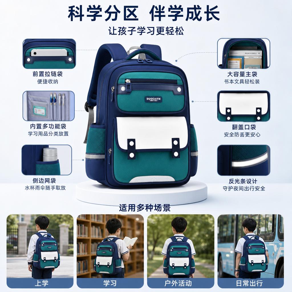 深蓝色与青绿色拼接书包学生简约大容量双肩包图