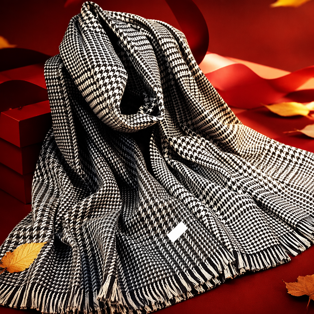 This black and white checkered pure cotton scarf is warm, fashionable and versatile for both men and women in autumn and winter Specification image