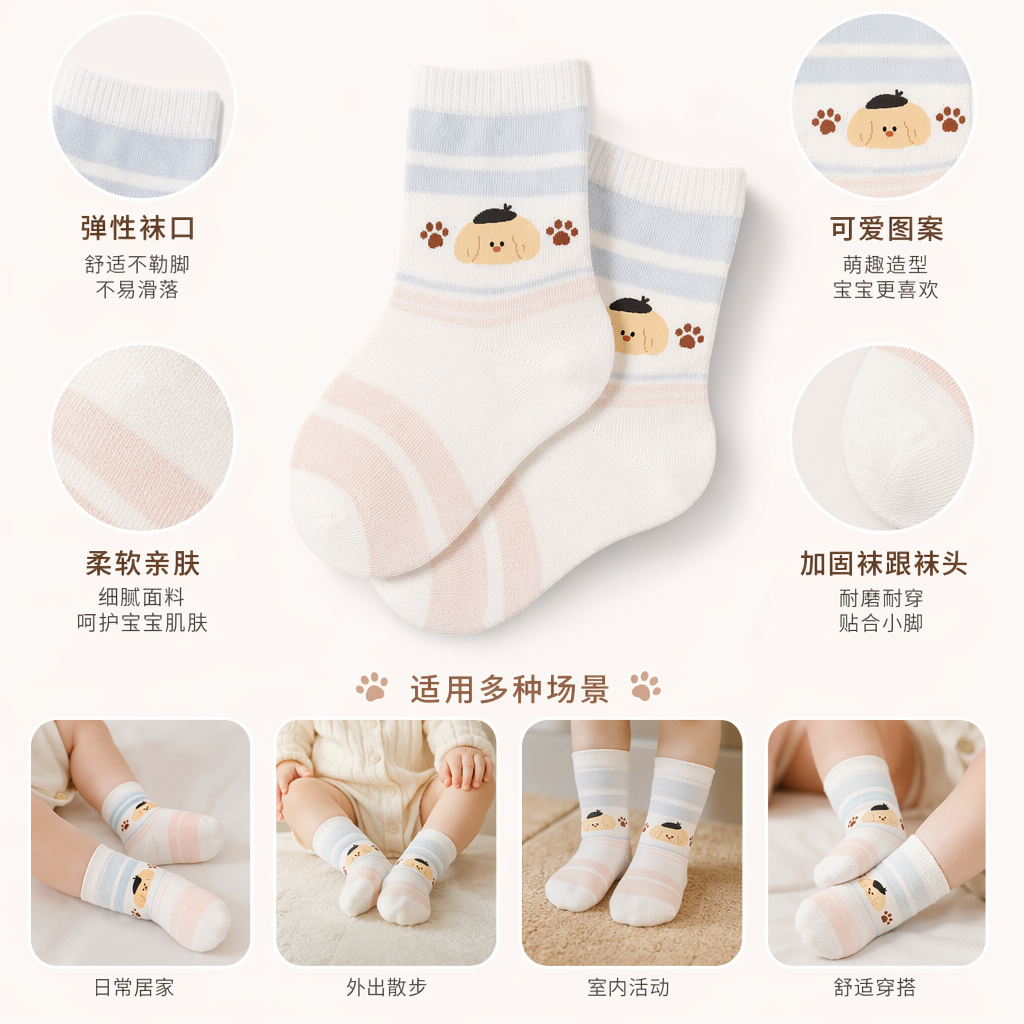 浅色条纹卡通棉袜男女通用舒适透气中筒袜