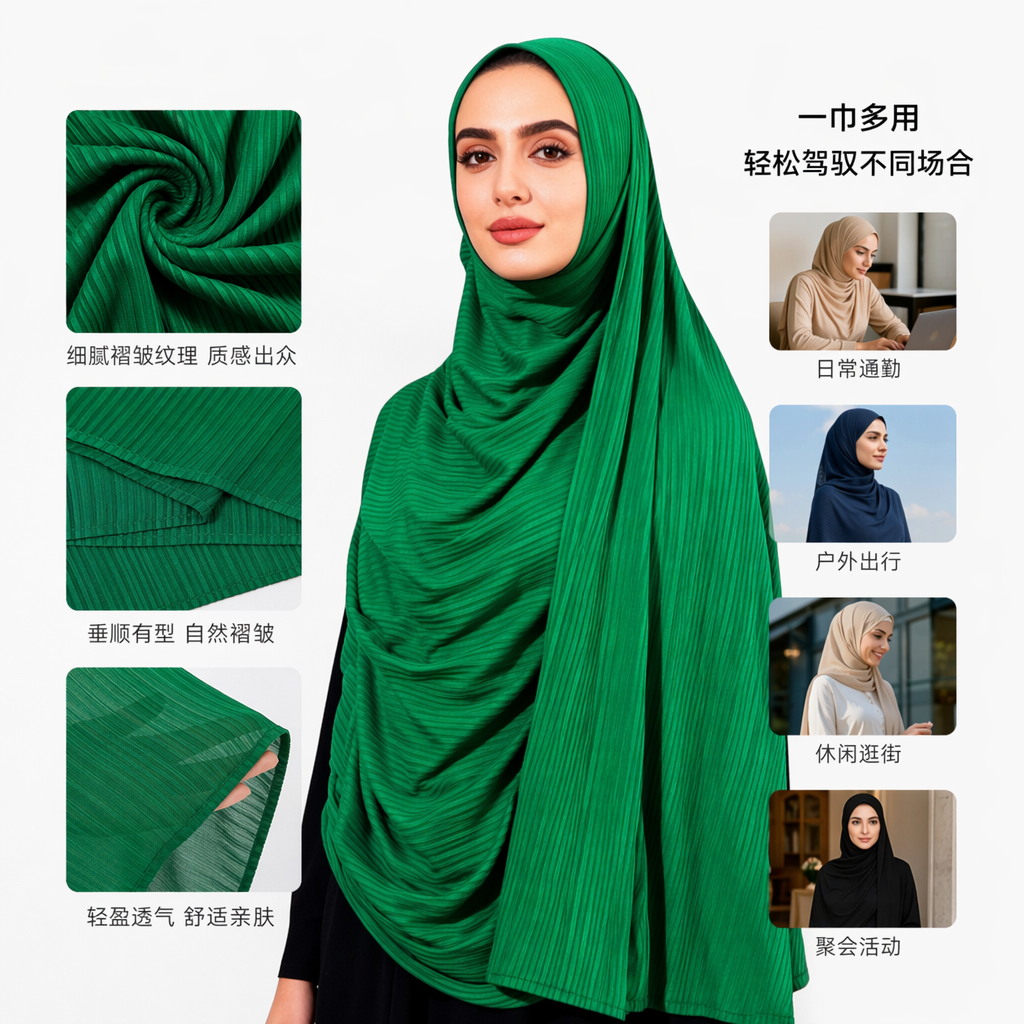 The green pleated headscarf is a fashionable and versatile pure cotton breathable summer sun protection accessory for women