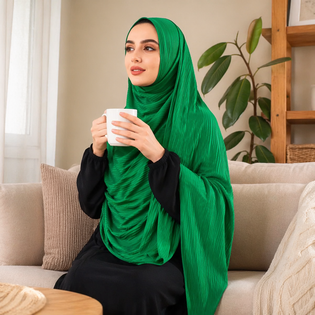 The green pleated headscarf is a fashionable and versatile pure cotton breathable summer sun protection accessory for women details Picture