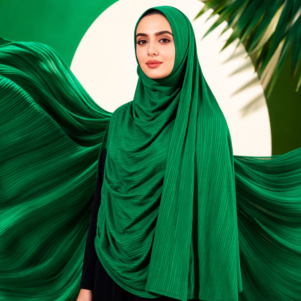 The green pleated headscarf is a fashionable and versatile pure cotton breathable summer sun protection accessory for women Specification image