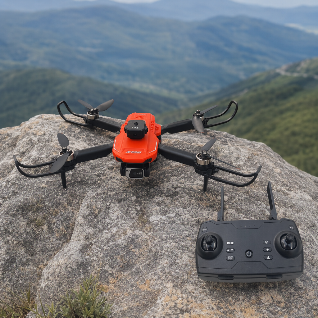 An orange drone with a black remote control provides high-definition aerial photography for stable flight details Picture