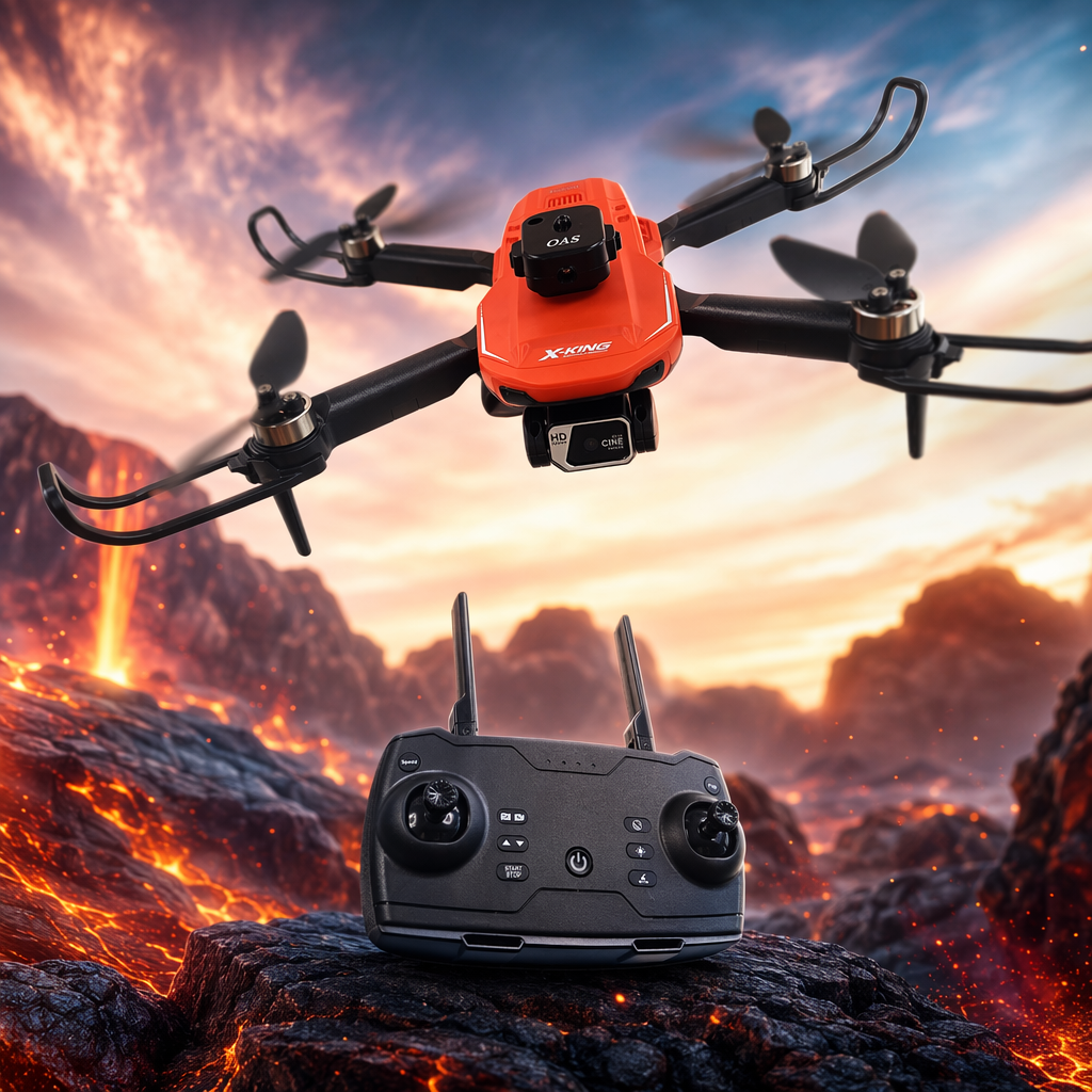 An orange drone with a black remote control provides high-definition aerial photography for stable flight Specification image