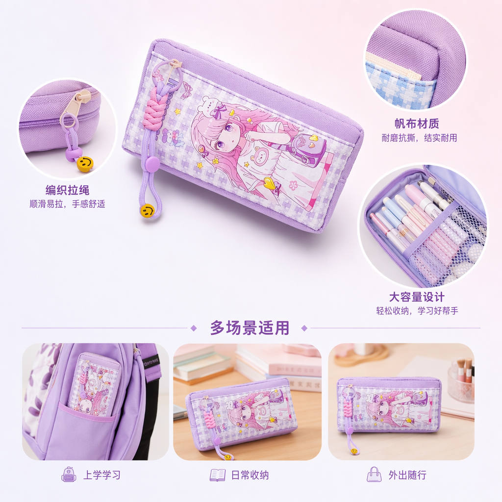 粉色紫色卡通文具袋带挂件书本小摆件旁收纳包