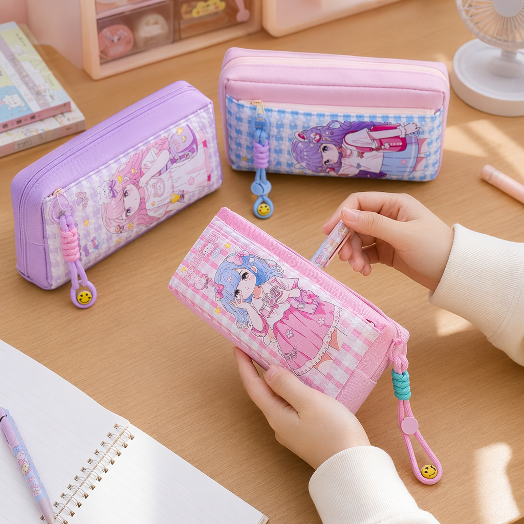 Pink and purple cartoon stationery bag with pendants, books, small ornaments and a side storage bag details Picture